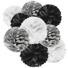 Wrapables Set of 9 Tissue Pom Pom Party Decorations for Weddings, Birthday Parties Baby Showers and Nursery Decor, Black/Silver/White