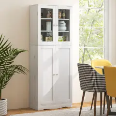 Tall Kitchen Pantry Cabinet with Dual Tempered Glass Doors and Shelves White