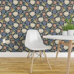 Peel & Stick Wallpaper 2FT Wide Arts And Crafts Antique Graphic Hand Drawn Flowers Victorian Renaissance Baroque Blue Beige Custom Removable Wallpaper by Spoonflower