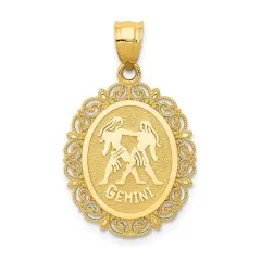 14K Satin Gold Gemini Zodiac Oval Charm Pendant Jewelry 25mm x 18mm