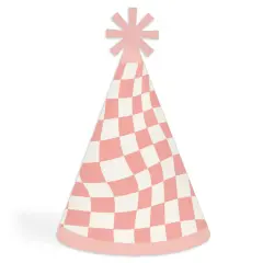 Big Dot of Happiness Pink Checkered Party - Cone Happy Birthday Party Hats for Kids and Adults - Set of 8 (Standard Size)