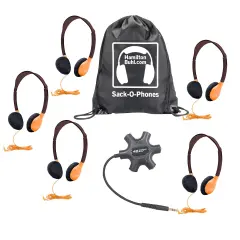 Galaxy&trade; Econo-Line of Sack-O-Phones with 5 Orange Personal-Sized Headphones, Starfish Jackbox and Carry Bag
