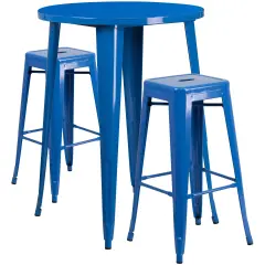 Emma and Oliver Commercial Grade 30" Round Metal Indoor-Outdoor Bar Table Set, 2 Backless Stools Blue
