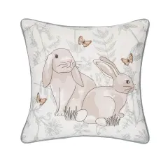 Spring Easter Garden Toile Bunny Rabbits Embroidered Accent Throw Pillow, 18" x 18"