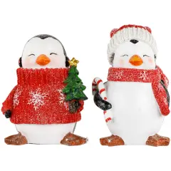 Northlight Glittered Penguins with Sweater and Scarf Christmas Figurines - 6" - Set of 2 Red