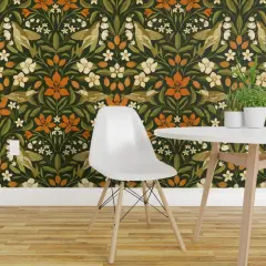 Peel & Stick Wallpaper 2FT Wide Jumbo Floral Green Leaves Orange Lily Flowers Birds Custom Removable Wallpaper by Spoonflower