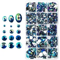 John Bead Blue AB Assorted Round & Oval Acrylic Flat Back Rhinestones Box