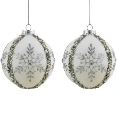 Northlight Set of 2 Matte White Sequin Glitter Snowflake Glass Christmas Ornaments 4"