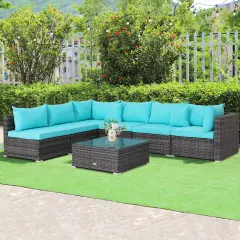 7 Pieces Patio Rattan Furniture Set Sectional Sofa Garden Cushion Turquoise