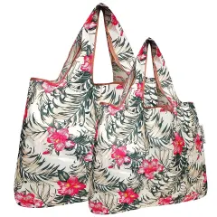 Wrapables Large & Small Foldable Tote Nylon Reusable Grocery Bags, Set of 2 Tropica Pink Floral