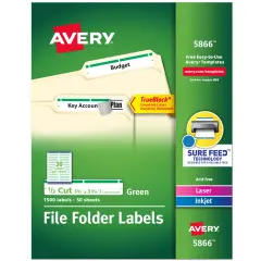 Avery TrueBlock File Folder Labels, Sure Feed Technology, Permanent Adhesive, Green, 2/3" x 3-7/16", 1,500 Labels (5866)