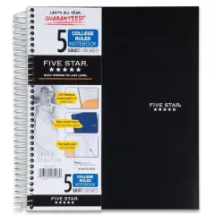 Spiral Notebook with Study App 5-Subject College Ruled Paper Fights Ink Bleed Water-Resistant Cover 8-1/2" x 11" 200 Sheets Black