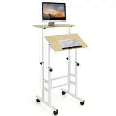 Height Adjustable Mobile Standing Desk with rolling wheels for office and home Natural