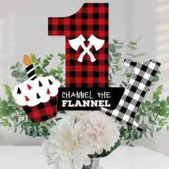 Big Dot of Happiness 1st Birthday Lumberjack - Channel The Flannel - Buffalo Plaid First Birthday Party Centerpiece Sticks - Table Toppers - Set of 15