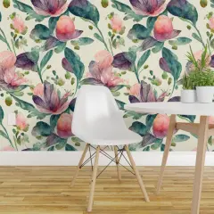 Peel & Stick Wallpaper 2FT Wide Boho Watercolor Floral Botanical Leaves Large Scale Rose Romantic Flowers Custom Removable Wallpaper by Spoonflower