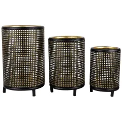 Northlight Iron Grid Pillar Candle Holders - 12" - Black and Gold Finish - Set of 3