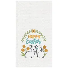 "Happy Easter" Bunnies Spring Theme Embroidered Cotton Waffle Weave Kitchen Dishtowel