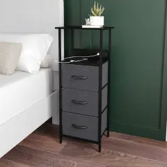 Emma and Oliver Hermes Nightstand with 3 Fabric Drawers, Charging Station with 2 USB Ports/Power Outlet, Engineered Wood Top, Wood Handles, Metal Frame Charcoal/Black