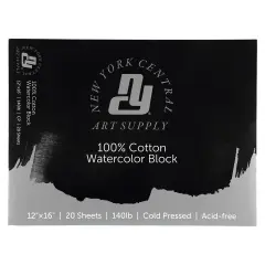 New York Central Watercolor Block, 140 lb Cold Press, 20 Sheets, Archival Watercolor Paper for Artists, Students, Gelatin Sized, Durable Water Color Paper, Suitable for Wet and Dry Media