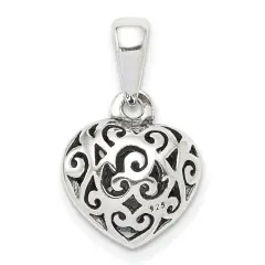 Sterling Silver Antiqued Puff Heart Pendant Charm Jewerly 13mm x 11mm