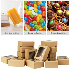 50 Pack Small Rectangle Kraft Paper Boxes with Clear Windows,3.33" x 2.35" x 1.18",Mini Soap Present Treat Gift Box for Bakery Candy,Chocolate Packaging Jewelry Display Wedding Party Favor (Brown)