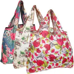 Wrapables Large Foldable Tote Nylon Reusable Grocery Bag, 3 Pack English Rose