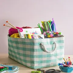Woven Paper Storage Bin, Checkers, Aqua, Medium Rectangle