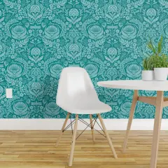 Pre-Pasted Wallpaper 2FT Wide Teal Floral Victorian Whimsical Dragonflies Art And Crafts Maximalist Botanical Nouveau Carnation Chrysanthemum Large Scale Custom Pre-pasted Wallpaper by Spoonflower