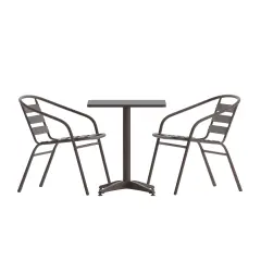 Emma and Oliver 27.5'' Square Aluminum Indoor-Outdoor Table Set with 2 Slat Back Chairs Bronze