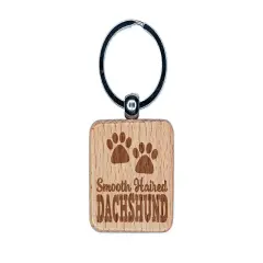 Smooth Haired Dachshund Dog Paw Prints Fun Text Engraved Wood Square Keychain Tag Charm