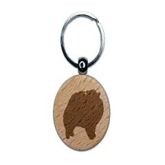 Pomeranian Dog Solid Engraved Wood Round Keychain Tag Charm