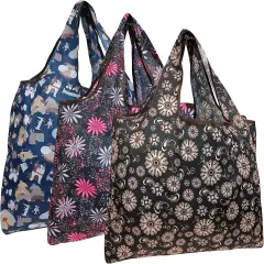 Wrapables Large Foldable Tote Nylon Reusable Grocery Bag, 3 Pack Dogs & Flowers