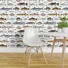 Peel & Stick Wallpaper 2FT Wide Fish Fishing Salmon Cabin Trout Fisherman Lures Sunfish Tackle Crappie Stream Muskie Sturgeon Custom Removable Wallpaper by Spoonflower