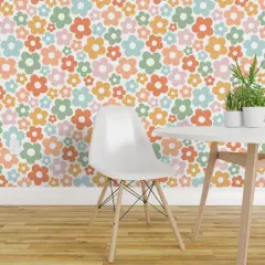 Pre-Pasted Wallpaper 2FT Wide Retro Whimsical Floral Sage Green Mustard Yellow Pale Pink Boho Custom Pre-pasted Wallpaper by Spoonflower