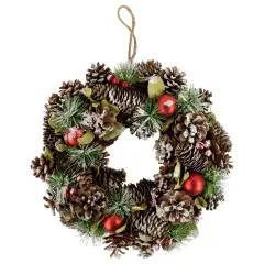 Northlight Red Ornament with Frosted Pinecone and Pine Needle Christmas Wreath, 13.5-Inch, Unlit