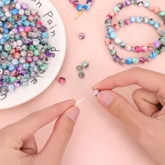 500 Pieces Craft Beads for Jewelry Making, for Bracelets Making,Space Acrylic Beads in Ink Patterns with 50pcs Spacer Beads and Crystal String (8mm)