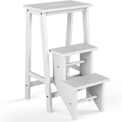 3-in-1 Rubber Wood 3 Tier Folding Step Stool Ladder Storage Shelf White