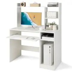 2-in-1 Computer Desk with Open Storage Shelves and Keyboard CPU Stand White
