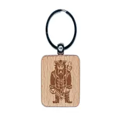 Grumpy Pirate with Weapons and Parrot Engraved Wood Square Keychain Tag Charm