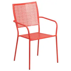 Emma and Oliver Commercial Grade Colorful Metal Patio Arm Chair with Square Back Coral
