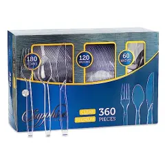 Disposable Cutlery set, SAPPHIRE Design, Clear Color, 360 Pieces: 180 Forks, 120 Spoons, 60 Knives