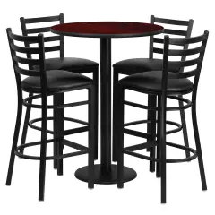 Emma and Oliver 30" Round Laminate Table Set with 4 Ladder Back Metal Stools MahoganyTop/BlackVYL