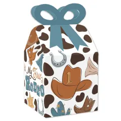 Big Dot of Happiness My First Rodeo - Square Favor Gift Boxes - Little Cowboy 1st Birthday Party Bow Boxes - Set of 12
