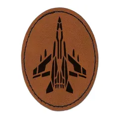 Fighter Jet War Plane Combat Vehicle with Missiles Round Iron-On Engraved Faux Leather Patch Applique - 2.5" Brown