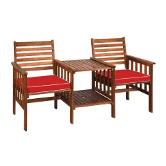 3 pcs Outdoor Patio Table Chairs Set Acacia Wood Loveseat Red