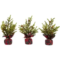 Northlight Mini Glittered Pine with Berries Artificial Christmas Trees - 9" - Set of 3 Green