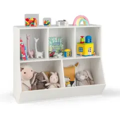 5-Cube Wooden Kids Bookshelf Organizer with 3 Upper Cubes for Books and 2 Large Cubes for Toys White