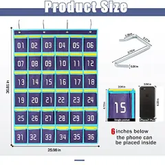 Numbered Classroom Sundries Closet Pocket Chart for Cell Phones Holder Wall Door Hanging Organizer (36 Pockets Blue)