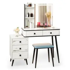 Vanity Makeup Table Set with Lighted Mirror and 3-in-1 Charging Station White
