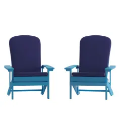 Merrick Lane Riviera Set of 2 Weather Resistant Adirondack Patio Chairs With Vertical Lattice Backs and Comfort Foam Cushions Blue